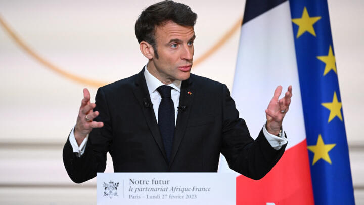 French President Emmanuel Macron speaks from the presidential palace on February 27, 2023.